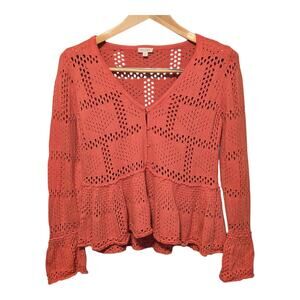 Pilcro Crochet Open Knit Pointelle Sweater Womens S Coral Bell Sleeve Peplum Hem